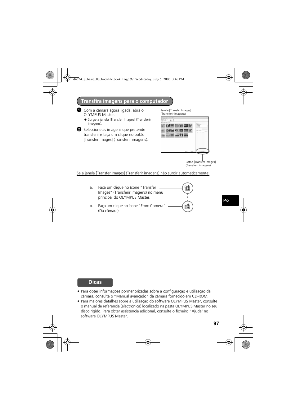 Transfira imagens para o computador, Dicas | Olympus FE-170 User Manual | Page 97 / 108