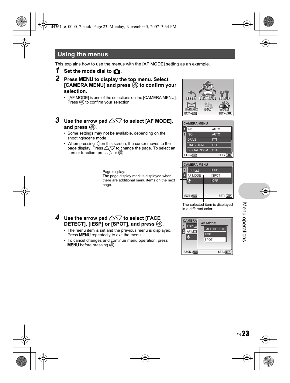 Using the menus, Me nu opera tions, Set the mode dial to k | Olympus Stylus 850 SW User Manual | Page 23 / 84