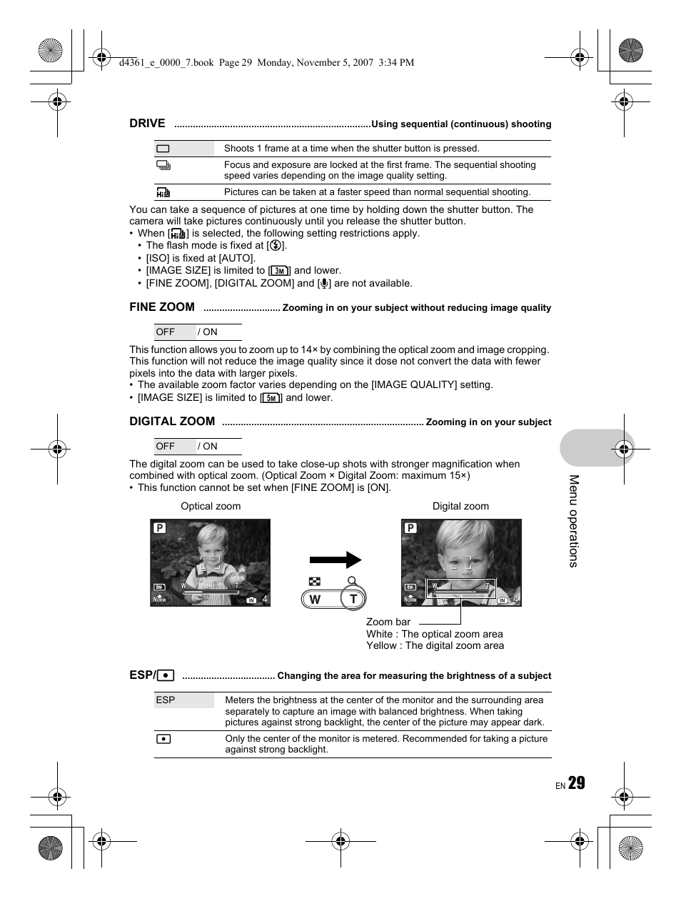 Me nu opera tions, Drive, Fine zoom | Digital zoom, Esp/ n | Olympus Stylus 850 SW User Manual | Page 29 / 84