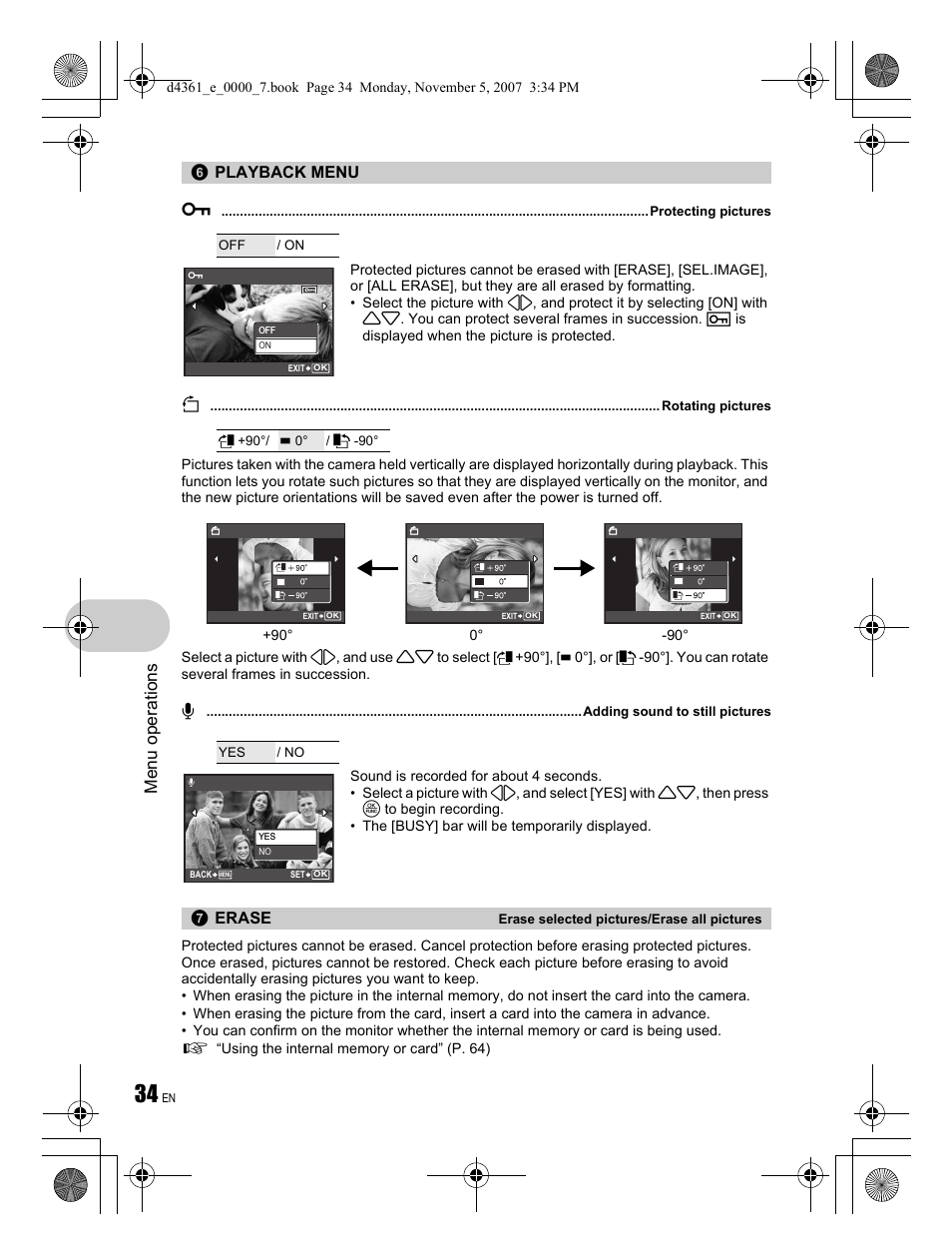 Menu ope rati ons, Playback menu 0, Erase | Olympus Stylus 850 SW User Manual | Page 34 / 84