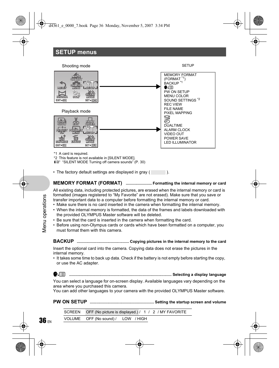 Setup menus, Menu ope rati ons, Backup | Pw on setup | Olympus Stylus 850 SW User Manual | Page 36 / 84