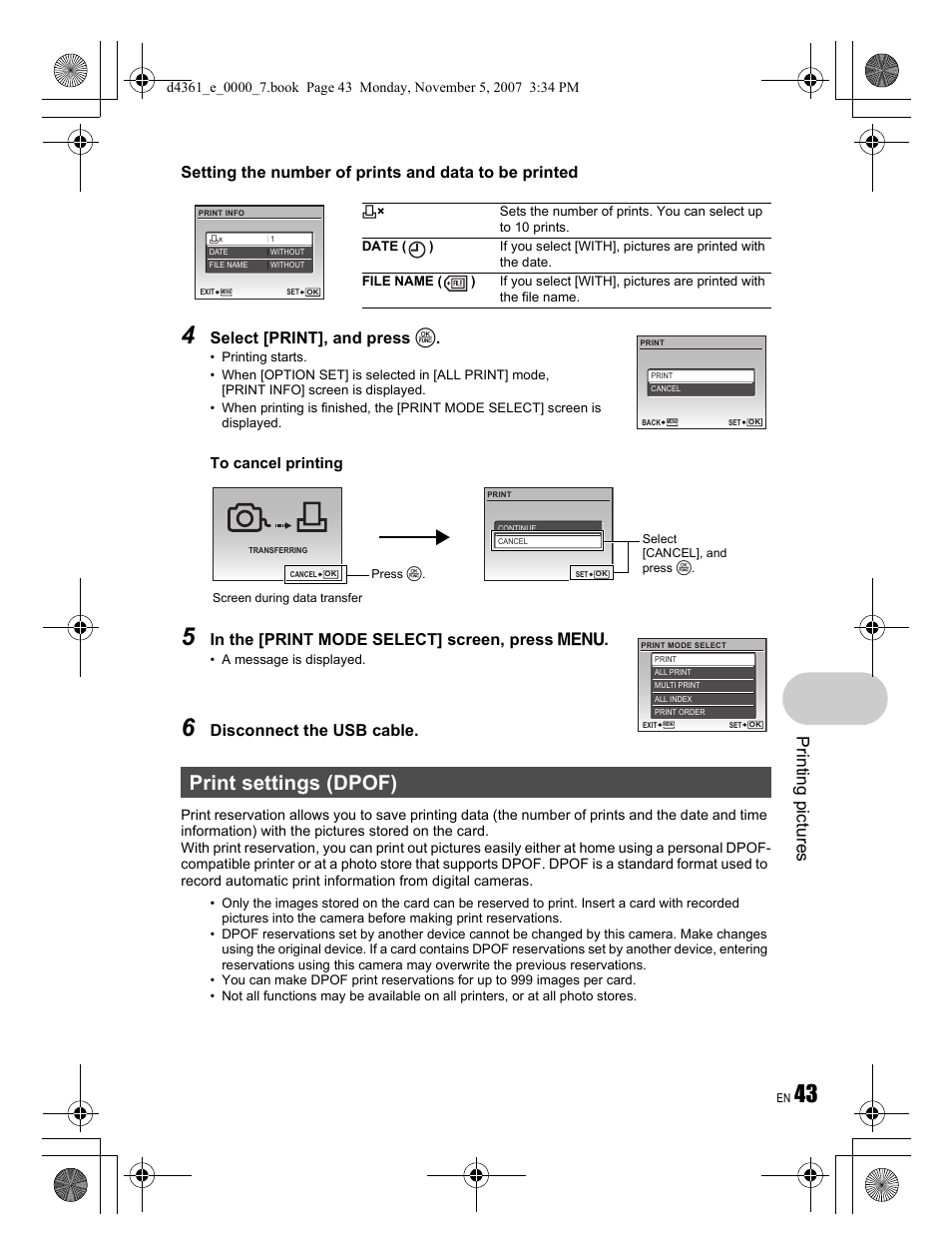Print settings (dpof), Pri n ting p ict ures, Select [print], and press o | Disconnect the usb cable | Olympus Stylus 850 SW User Manual | Page 43 / 84