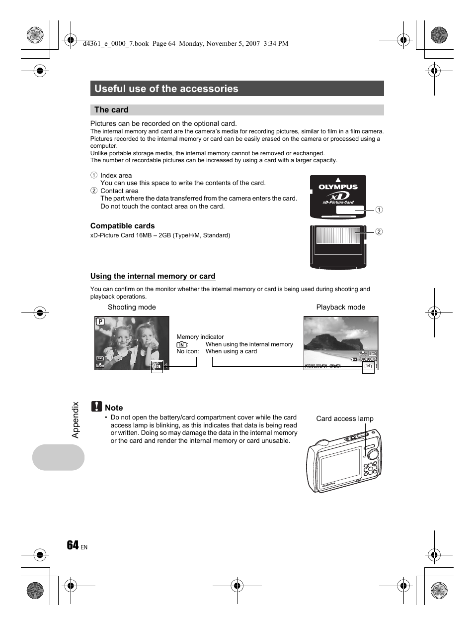 Useful use of the accessories, App endi x, The card | Compatible cards | Olympus Stylus 850 SW User Manual | Page 64 / 84