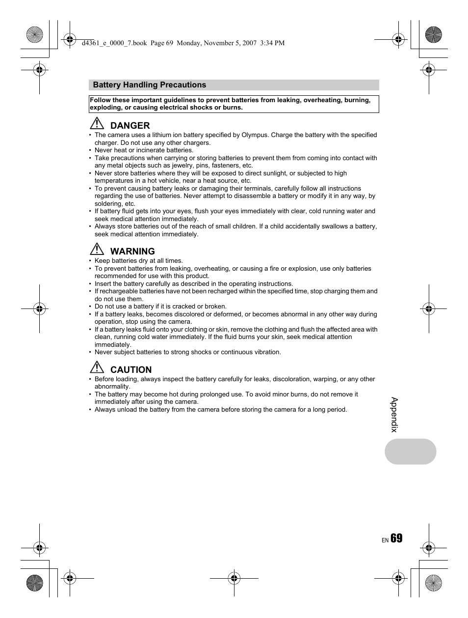 Danger, Warning, Caution | Olympus Stylus 850 SW User Manual | Page 69 / 84