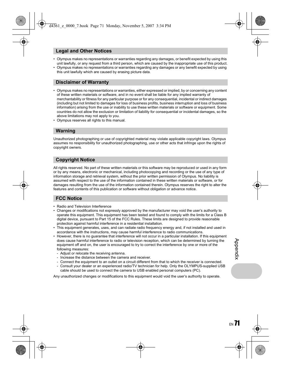 Ap pend ix | Olympus Stylus 850 SW User Manual | Page 71 / 84