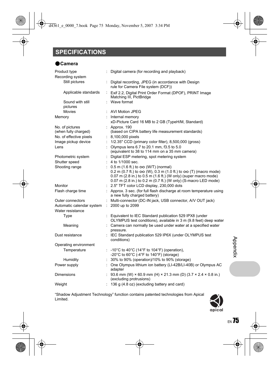 Specifications, Ap pend ix | Olympus Stylus 850 SW User Manual | Page 75 / 84