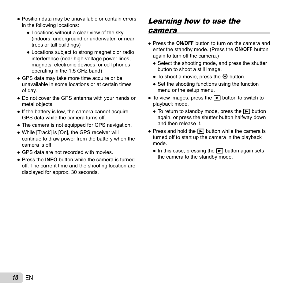 Learning how to use the camera, 10 en | Olympus TG-830 iHS User Manual | Page 10 / 101