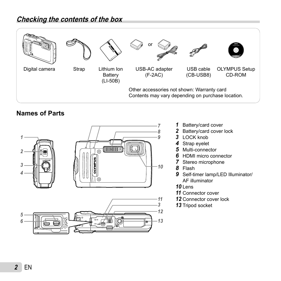 Preparing the camera, Checking the contents of the box, 2 en | Names of parts | Olympus TG-830 iHS User Manual | Page 2 / 101