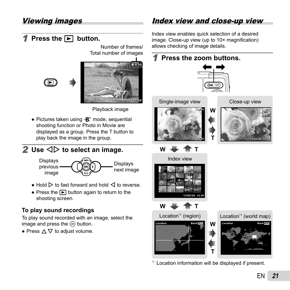 Playback, Viewing images, Index view and close-up view | 21 en, Press the q button, Use hi to select an image, Press the zoom buttons | Olympus TG-830 iHS User Manual | Page 21 / 101