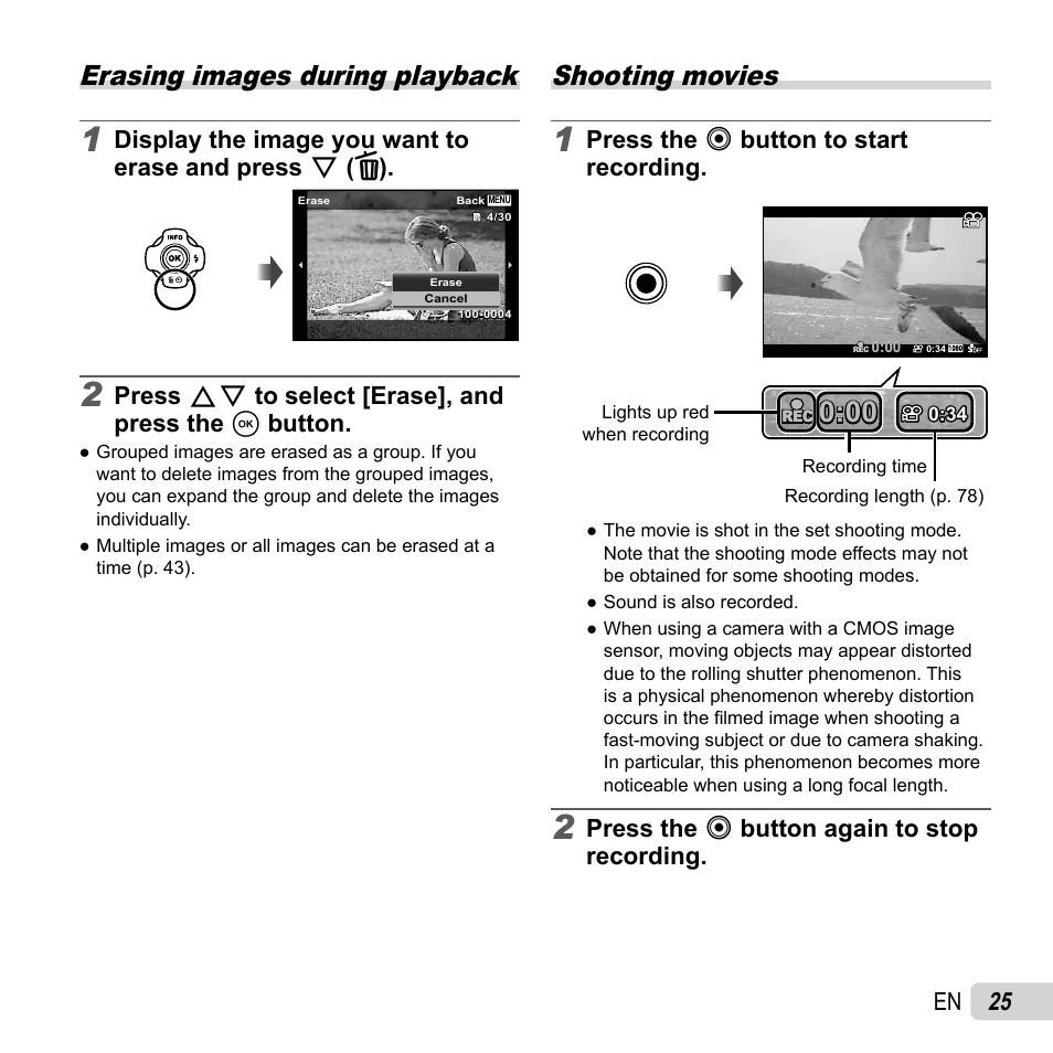 Erasing, Shooting movies, Erasing images during playback | 25 en, Press fg to select [erase], and press the a button, Press the r button to start recording, Press the r button again to stop recording | Olympus TG-830 iHS User Manual | Page 25 / 101