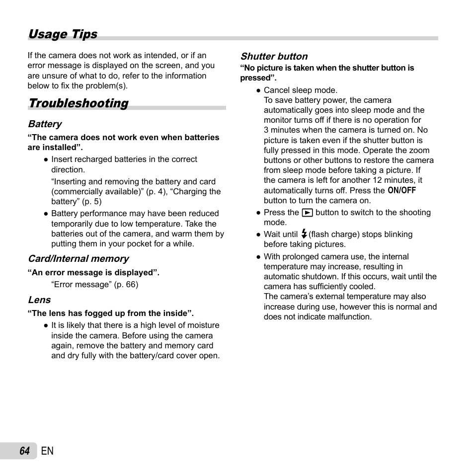 Usage tips, Troubleshooting, 64 en | Olympus TG-830 iHS User Manual | Page 64 / 101