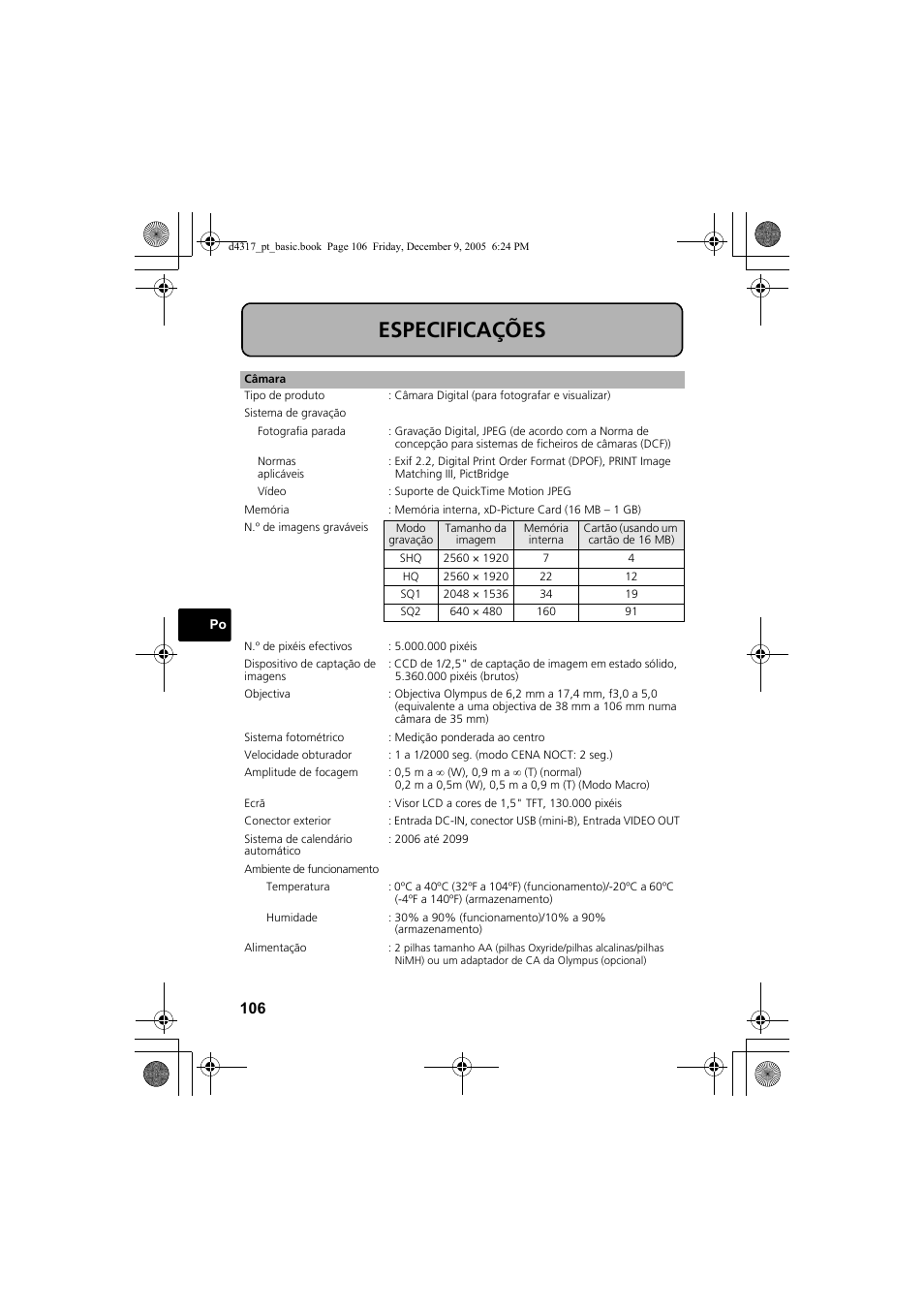 Especificações | Olympus FE-115 User Manual | Page 106 / 116