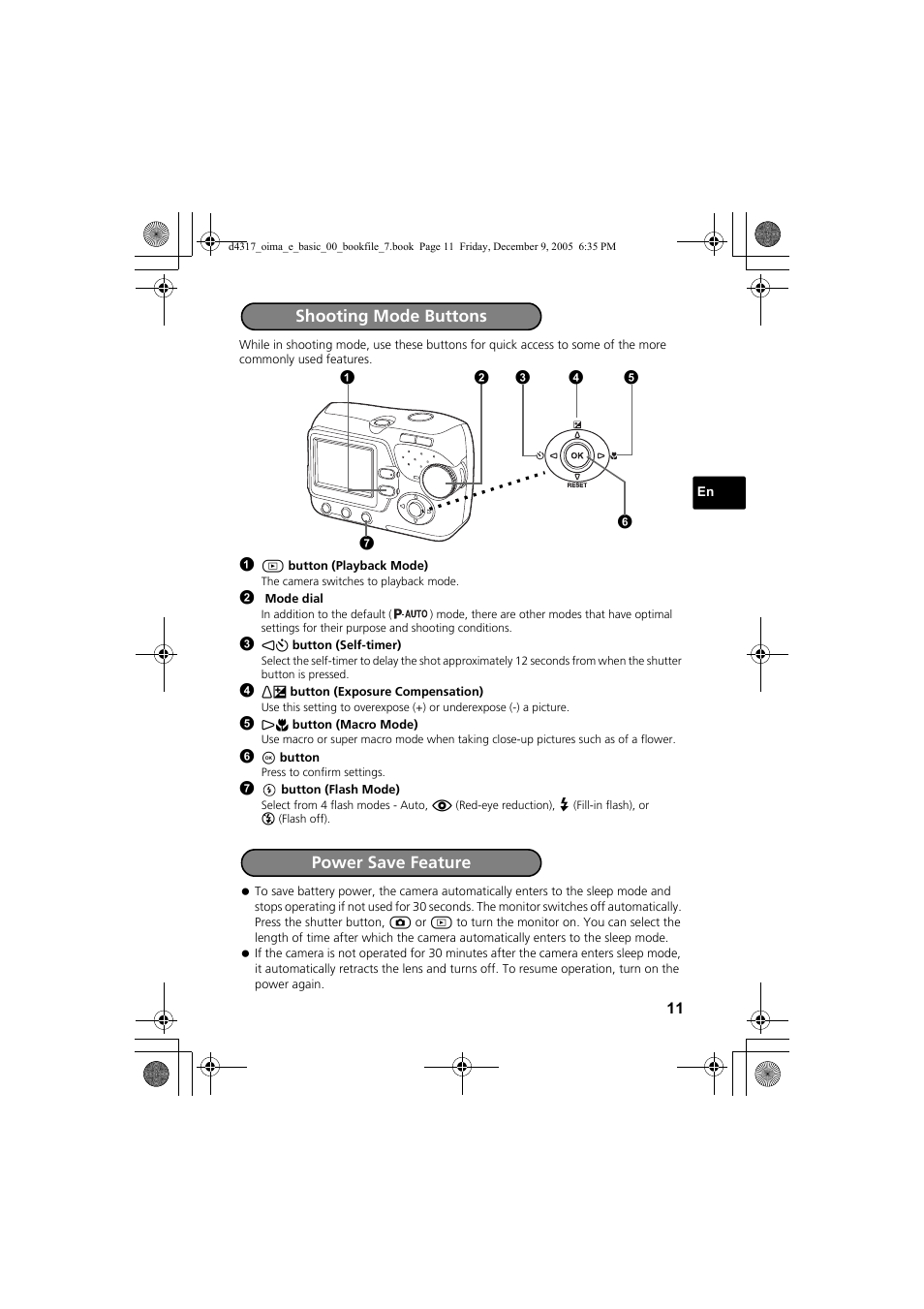 Shooting mode buttons, Power save feature | Olympus FE-115 User Manual | Page 11 / 116