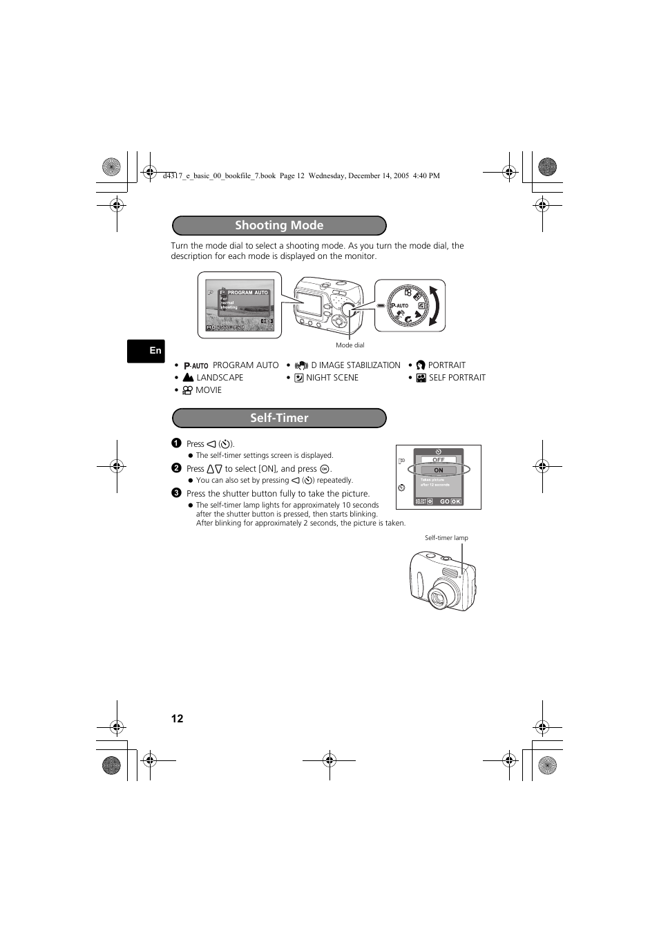 Shooting mode, Self-timer | Olympus FE-115 User Manual | Page 12 / 116
