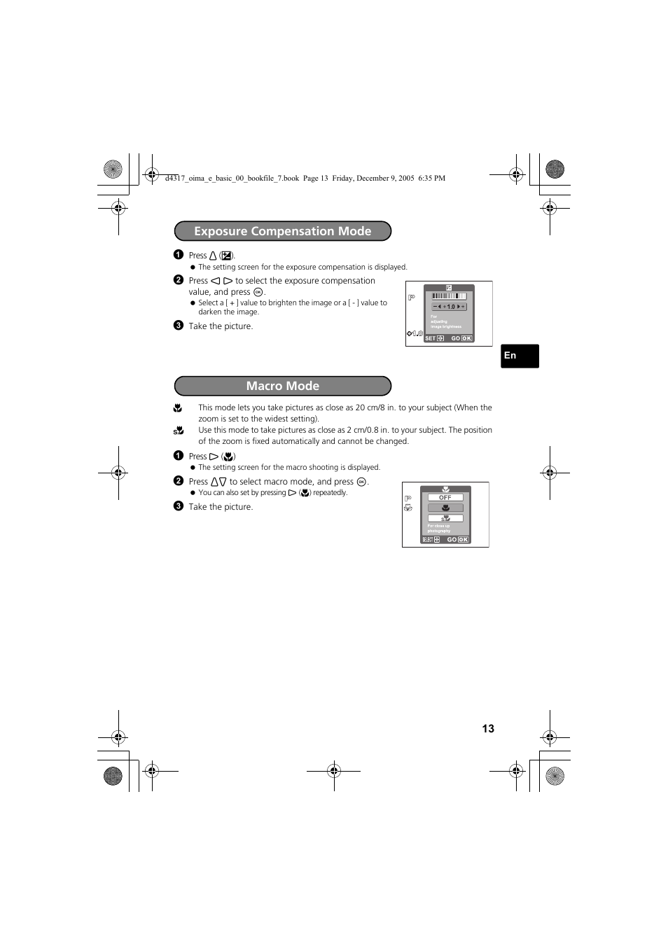 Exposure compensation mode macro mode | Olympus FE-115 User Manual | Page 13 / 116