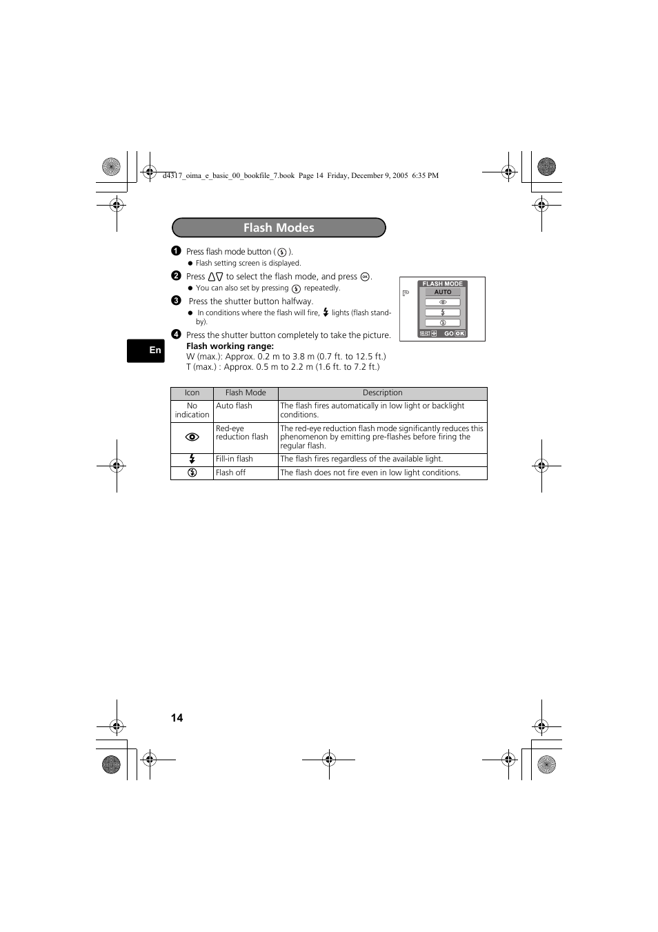 Flash modes | Olympus FE-115 User Manual | Page 14 / 116