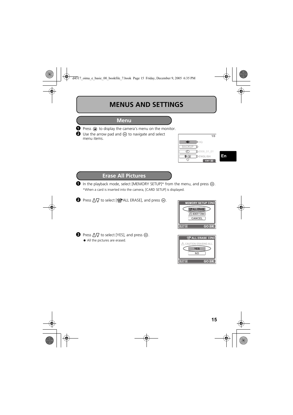 Menus and settings, Menu, Erase all pictures | Olympus FE-115 User Manual | Page 15 / 116