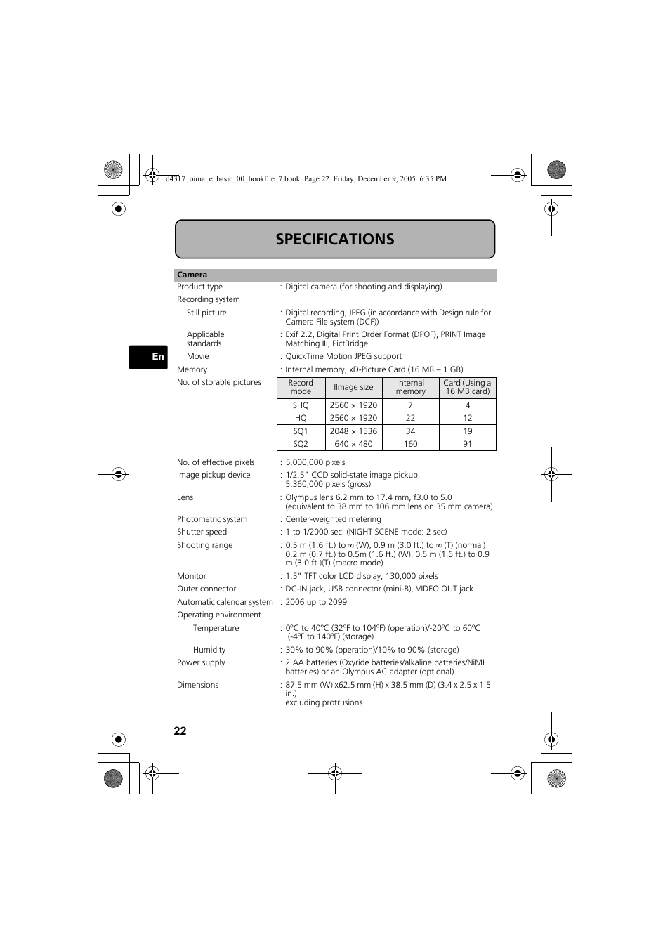 Specifications | Olympus FE-115 User Manual | Page 22 / 116
