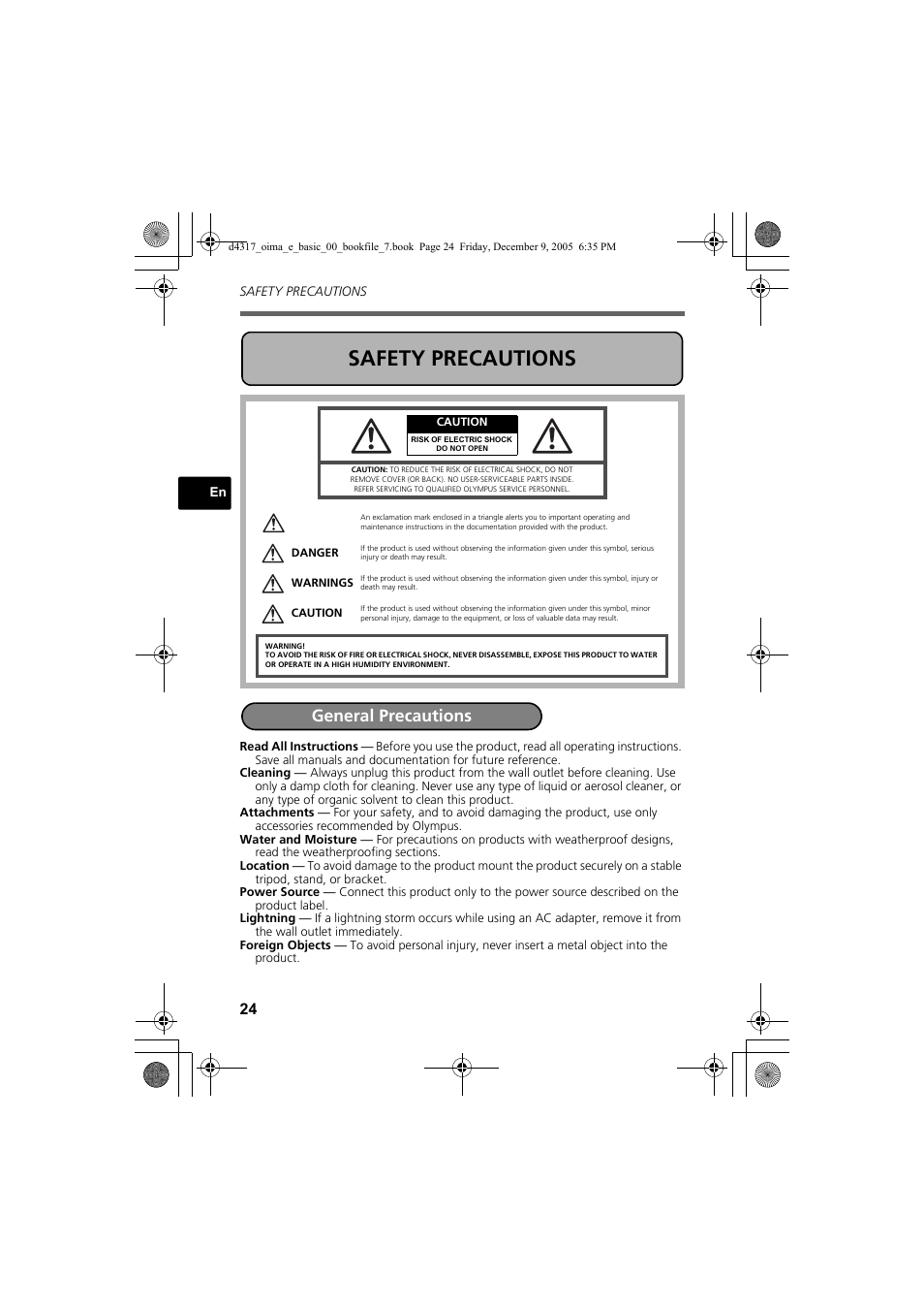 Safety precautions, General precautions | Olympus FE-115 User Manual | Page 24 / 116