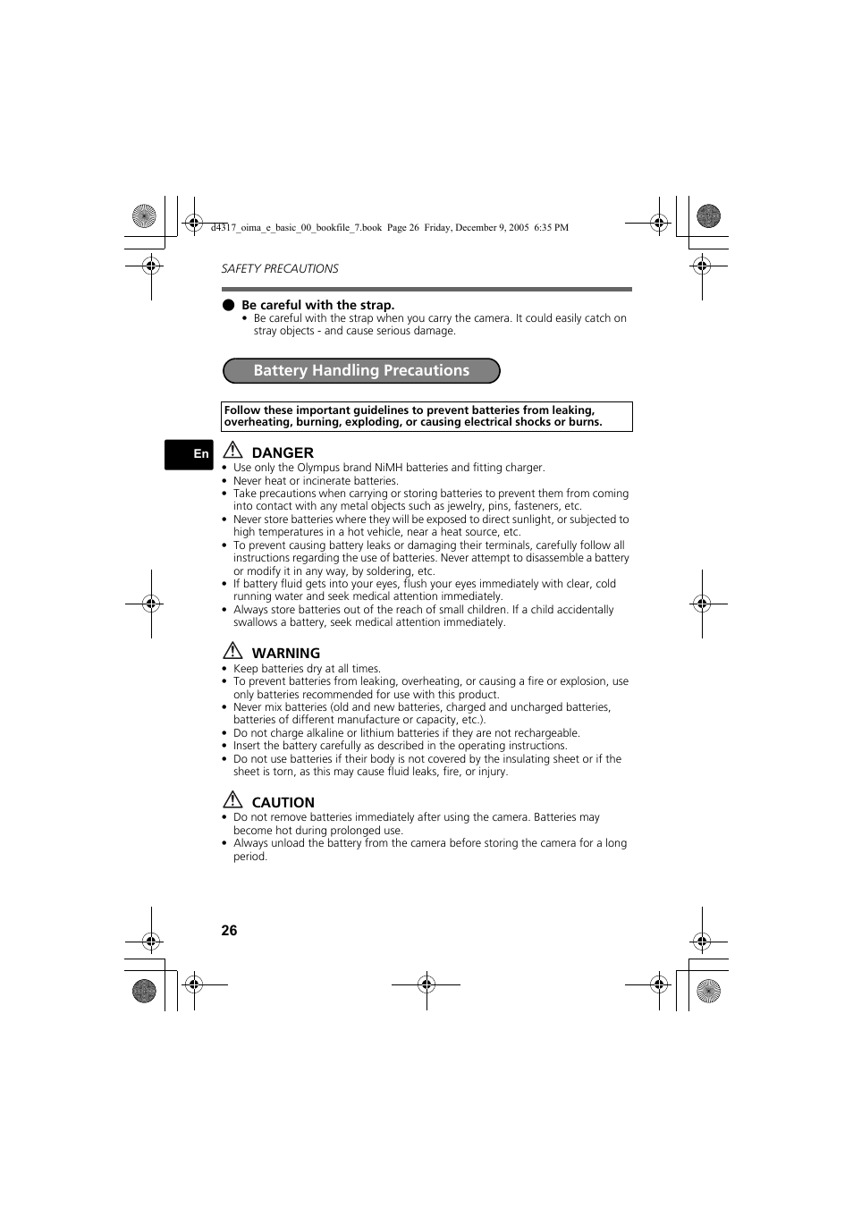Battery handling precautions | Olympus FE-115 User Manual | Page 26 / 116