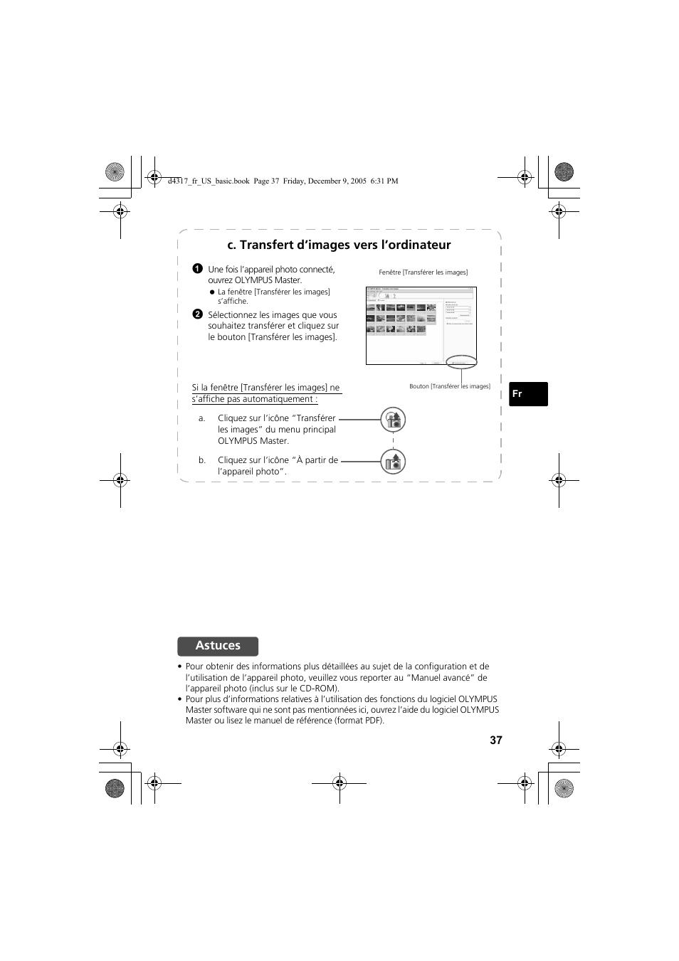 C. transfert d’images vers l’ordinateur, Astuces | Olympus FE-115 User Manual | Page 37 / 116
