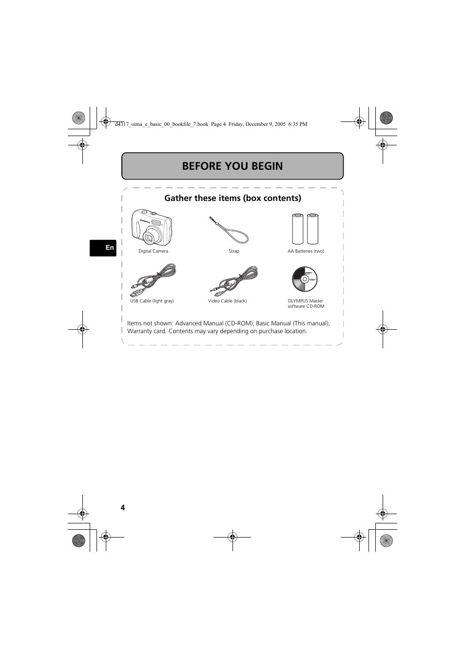 Before you begin, Gather these items (box contents) | Olympus FE-115 User Manual | Page 4 / 116