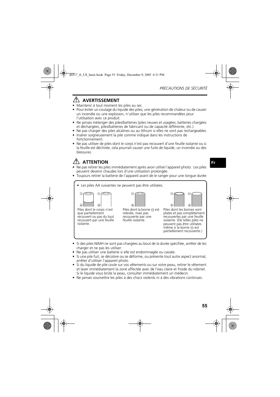 Avertissement, Attention | Olympus FE-115 User Manual | Page 55 / 116