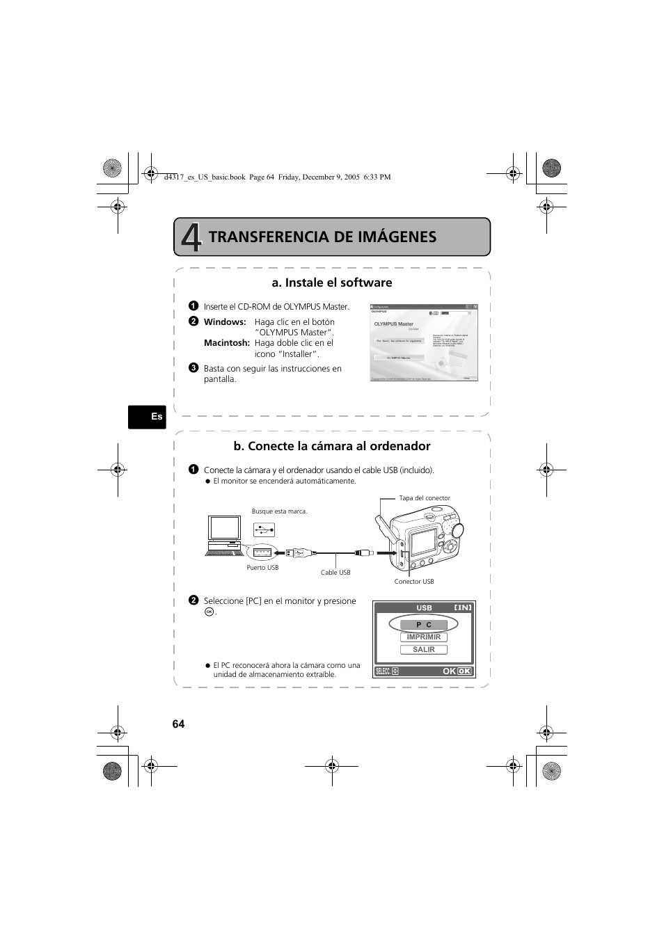 Transferencia de imágenes, A. instale el software, B. conecte la cámara al ordenador | Olympus FE-115 User Manual | Page 64 / 116