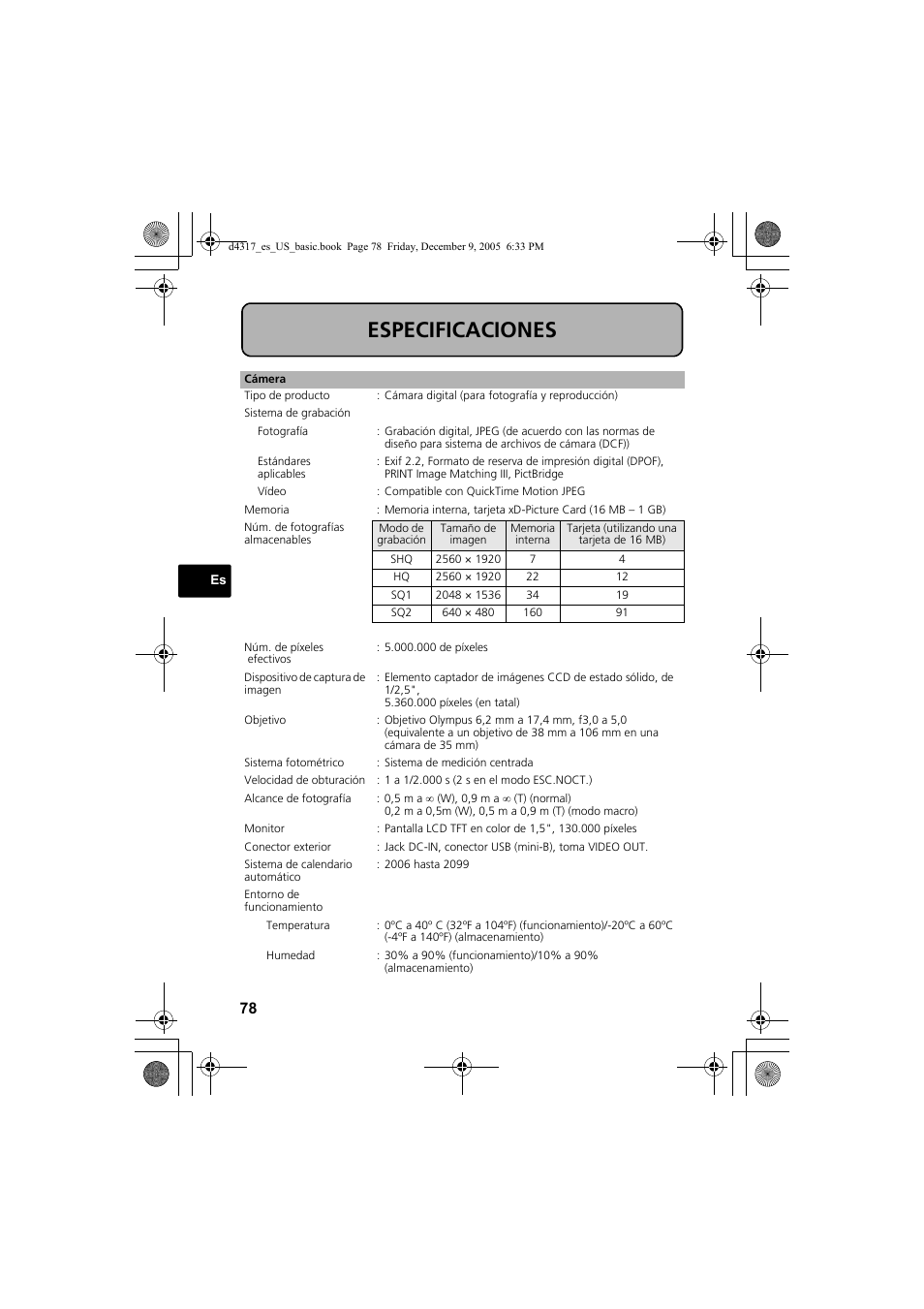 Especificaciones | Olympus FE-115 User Manual | Page 78 / 116