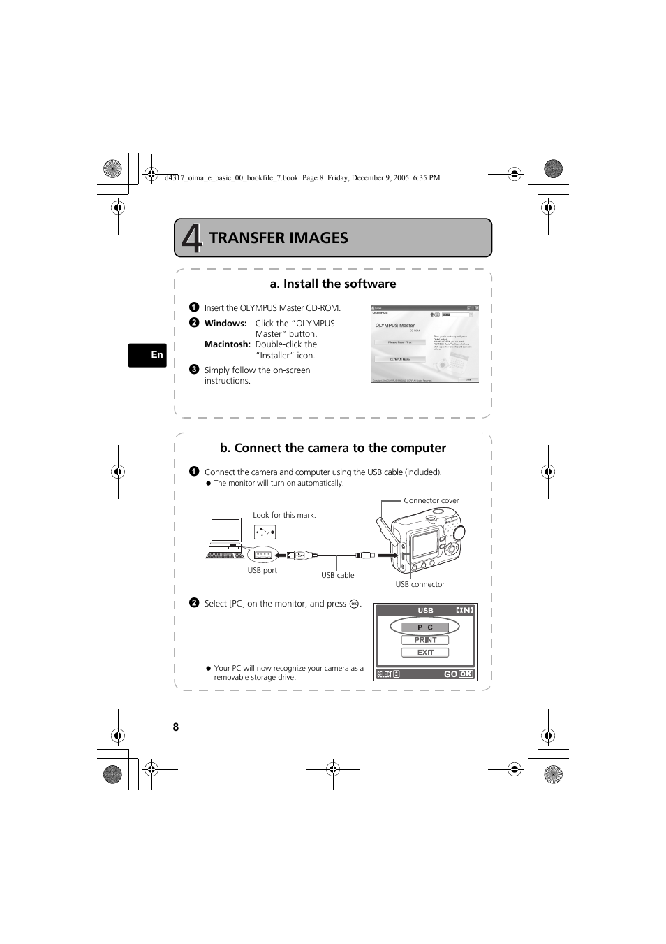 Transfer images, A. install the software, B. connect the camera to the computer | Olympus FE-115 User Manual | Page 8 / 116