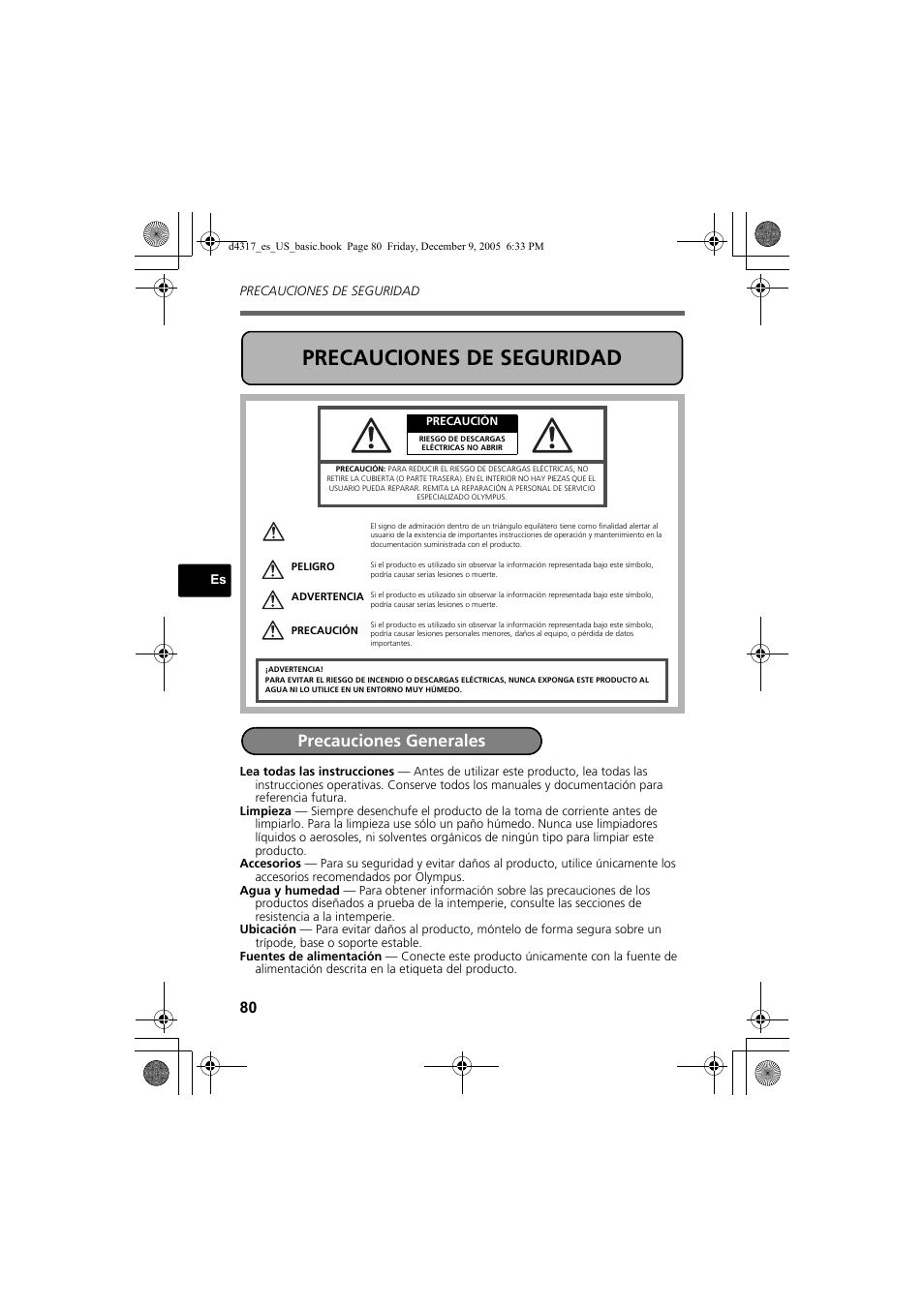 Precauciones de seguridad, Precauciones generales | Olympus FE-115 User Manual | Page 80 / 116