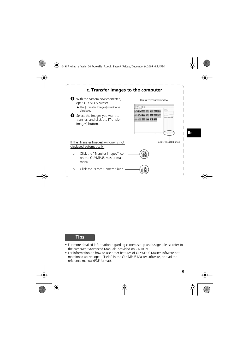 C. transfer images to the computer, Tips | Olympus FE-115 User Manual | Page 9 / 116