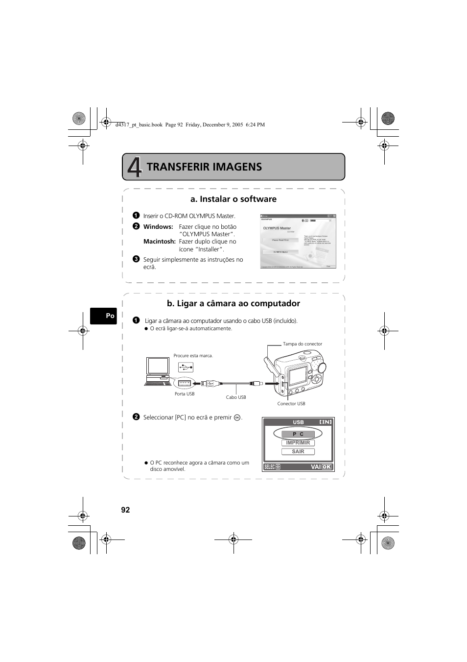 Transferir imagens, A. instalar o software, B. ligar a câmara ao computador | Olympus FE-115 User Manual | Page 92 / 116