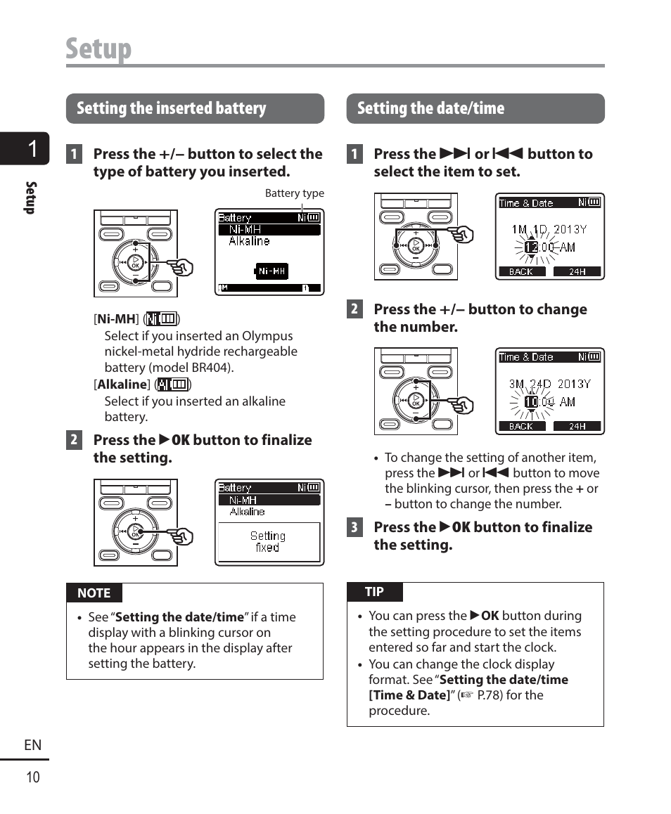 Setup, Setting the inserted battery, Setting the date/time | Olympus WS-823 User Manual | Page 10 / 118