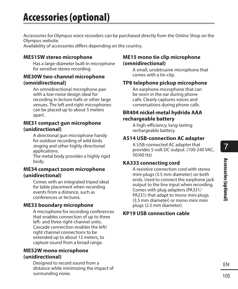 Accessories (optional) | Olympus WS-823 User Manual | Page 105 / 118