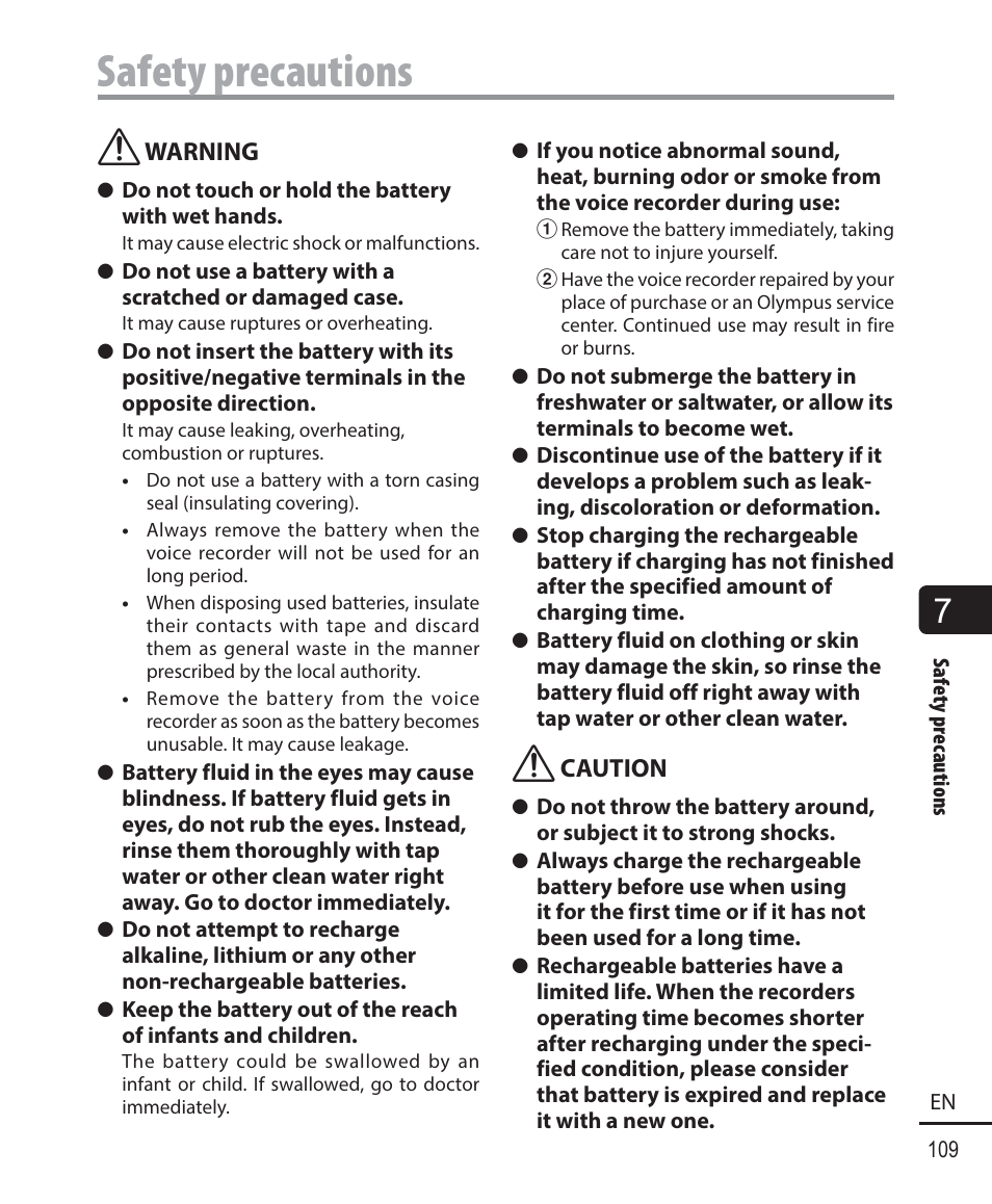 Safety precautions | Olympus WS-823 User Manual | Page 109 / 118