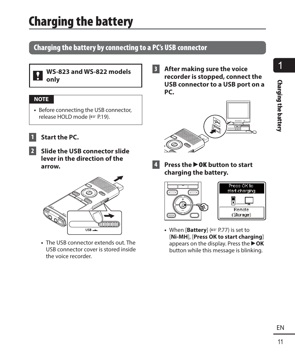 Charging the battery | Olympus WS-823 User Manual | Page 11 / 118