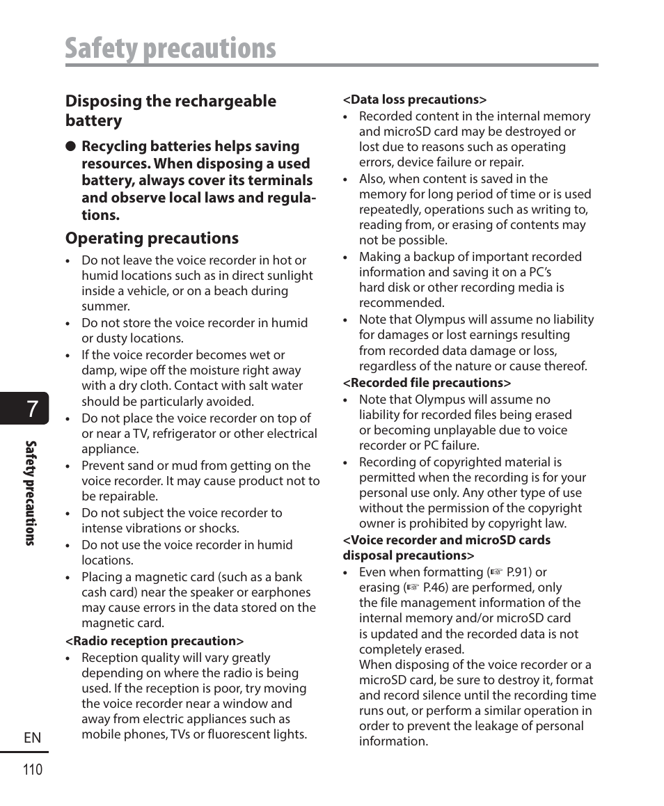 Safety precautions | Olympus WS-823 User Manual | Page 110 / 118