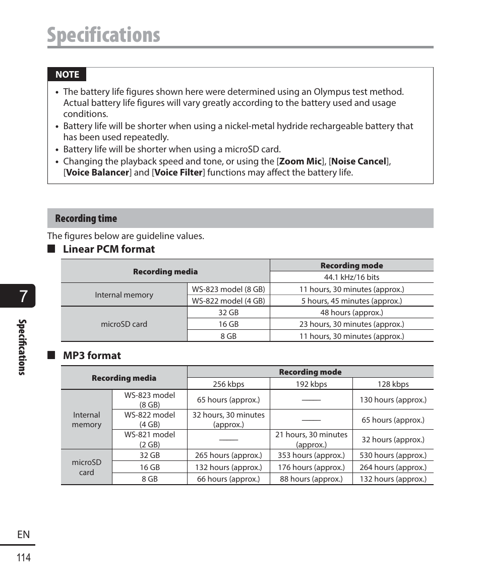 Specifications, Specifi c ations 114 en, Recording time | 4 linear pcm format, 4 mp3 format | Olympus WS-823 User Manual | Page 114 / 118