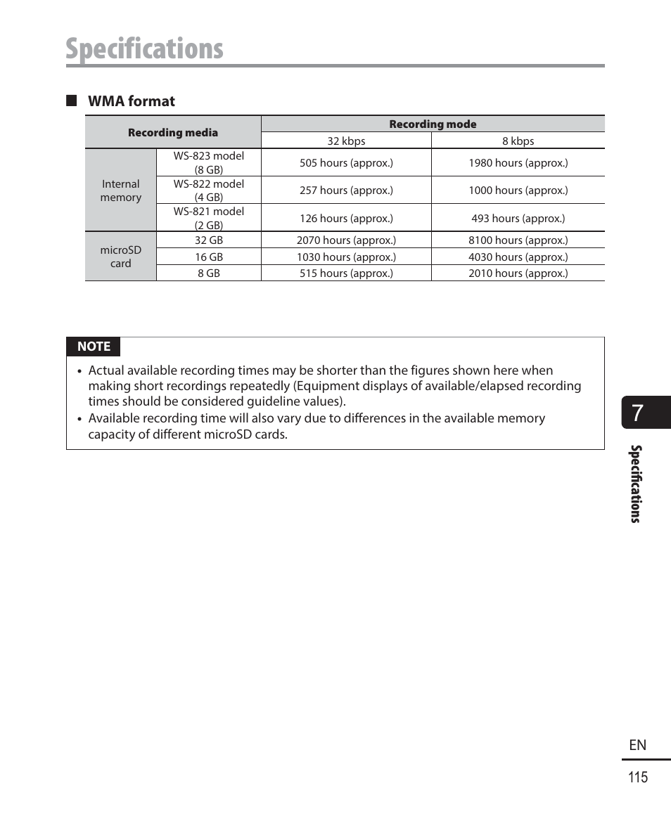 Specifications, Specifi c ations 115 en, 4 wma format | Olympus WS-823 User Manual | Page 115 / 118