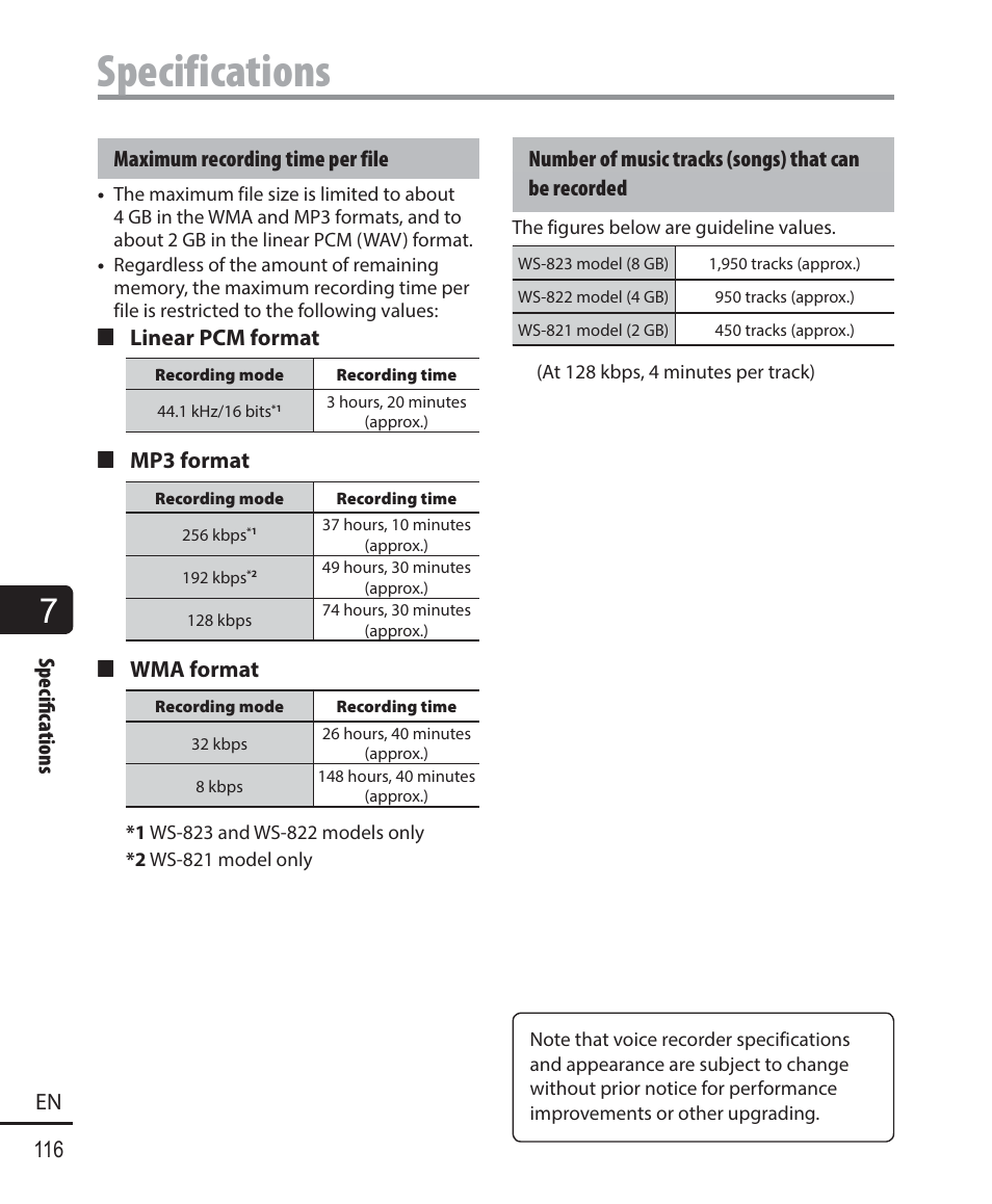 Specifications, Specifi c ations 116 en, Maximum recording time per file | 4 linear pcm format, 4 mp3 format, 4 wma format | Olympus WS-823 User Manual | Page 116 / 118