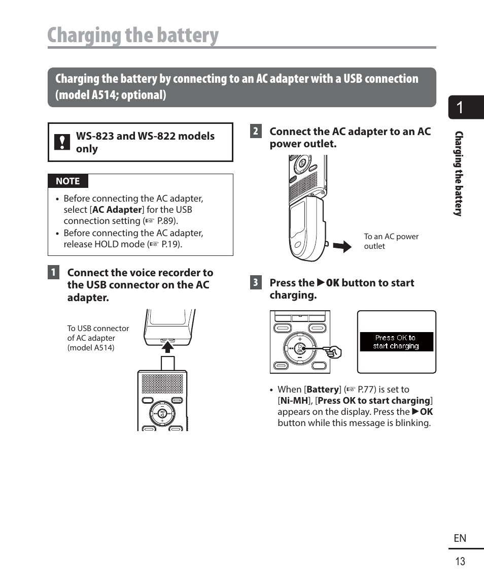 Charging the battery | Olympus WS-823 User Manual | Page 13 / 118