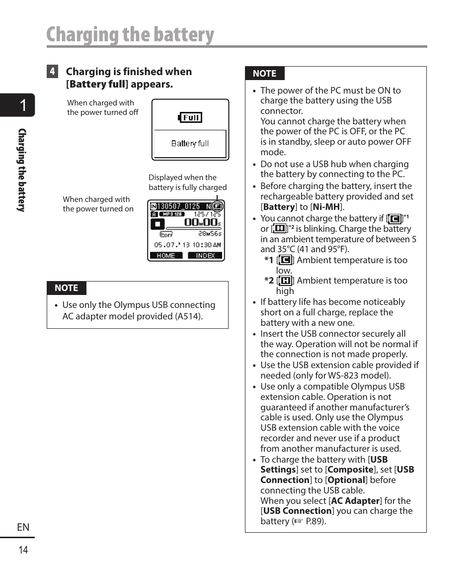 Charging the battery | Olympus WS-823 User Manual | Page 14 / 118