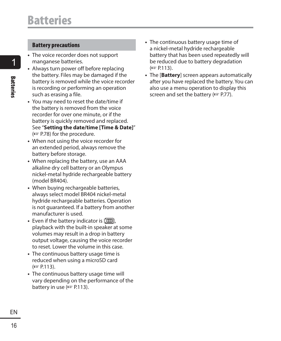 Batteries | Olympus WS-823 User Manual | Page 16 / 118