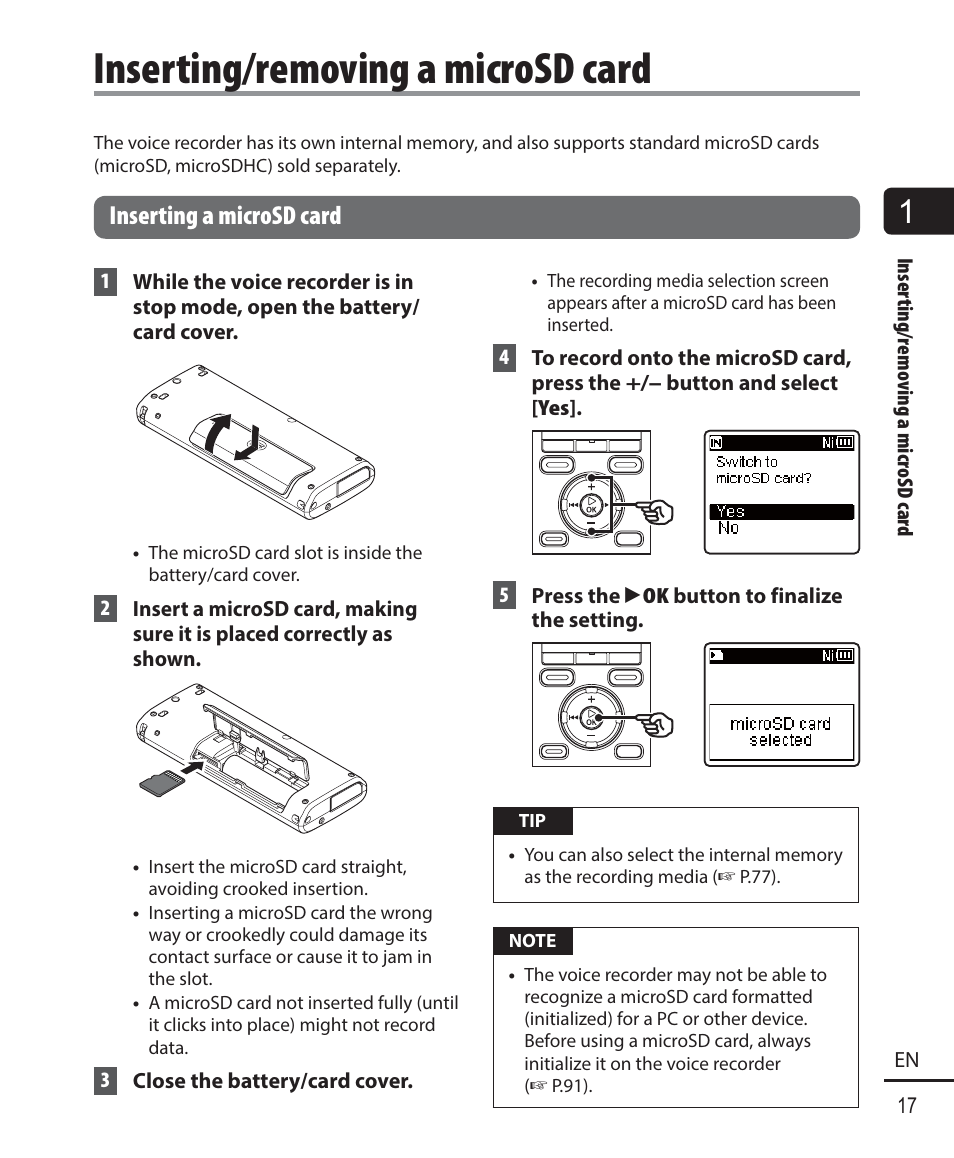 Inserting/removing a microsd card, Inserting a microsd card | Olympus WS-823 User Manual | Page 17 / 118