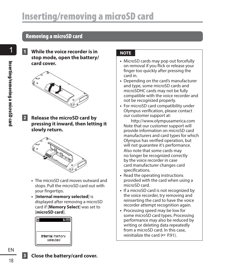 Inserting/removing a microsd card, Removing a microsd card | Olympus WS-823 User Manual | Page 18 / 118