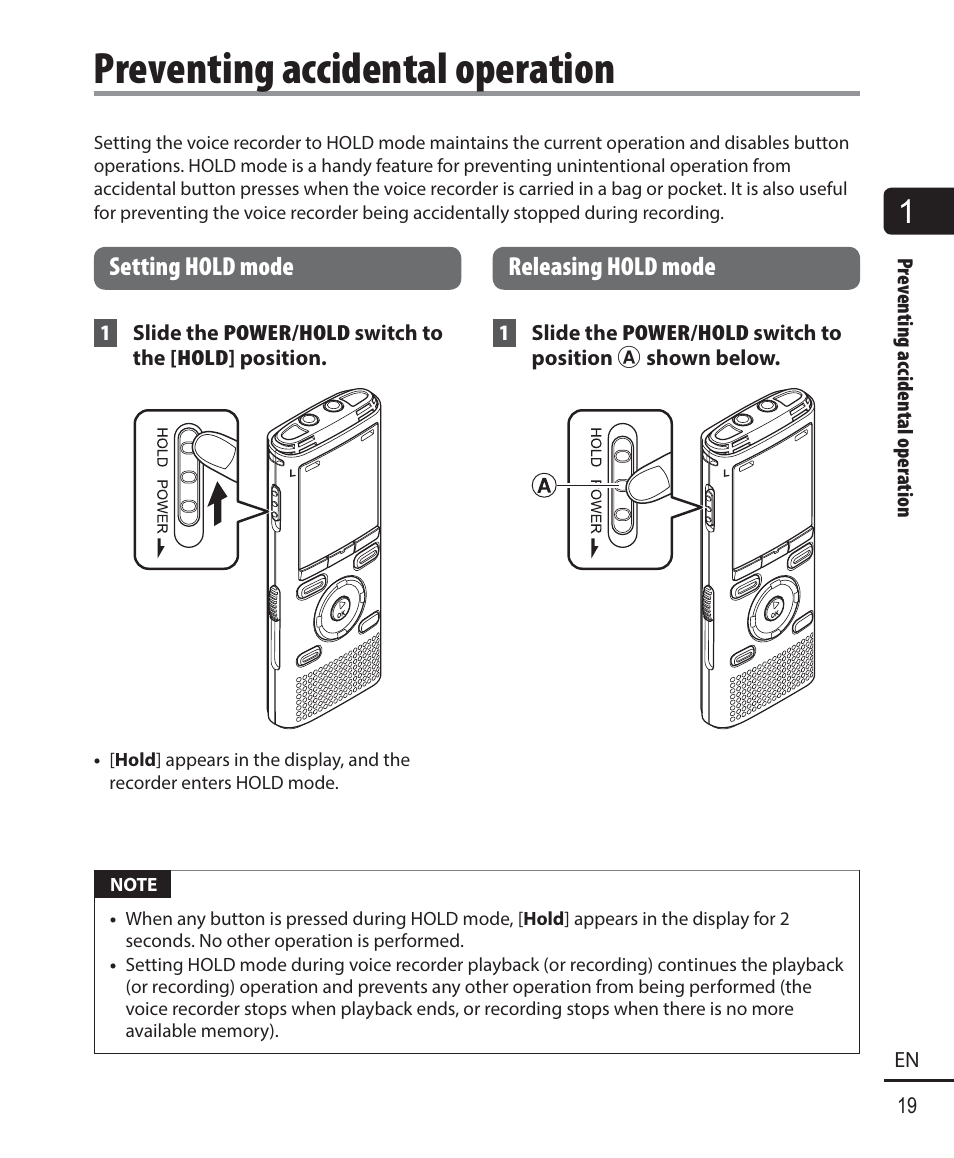 Preventing accidental operation | Olympus WS-823 User Manual | Page 19 / 118