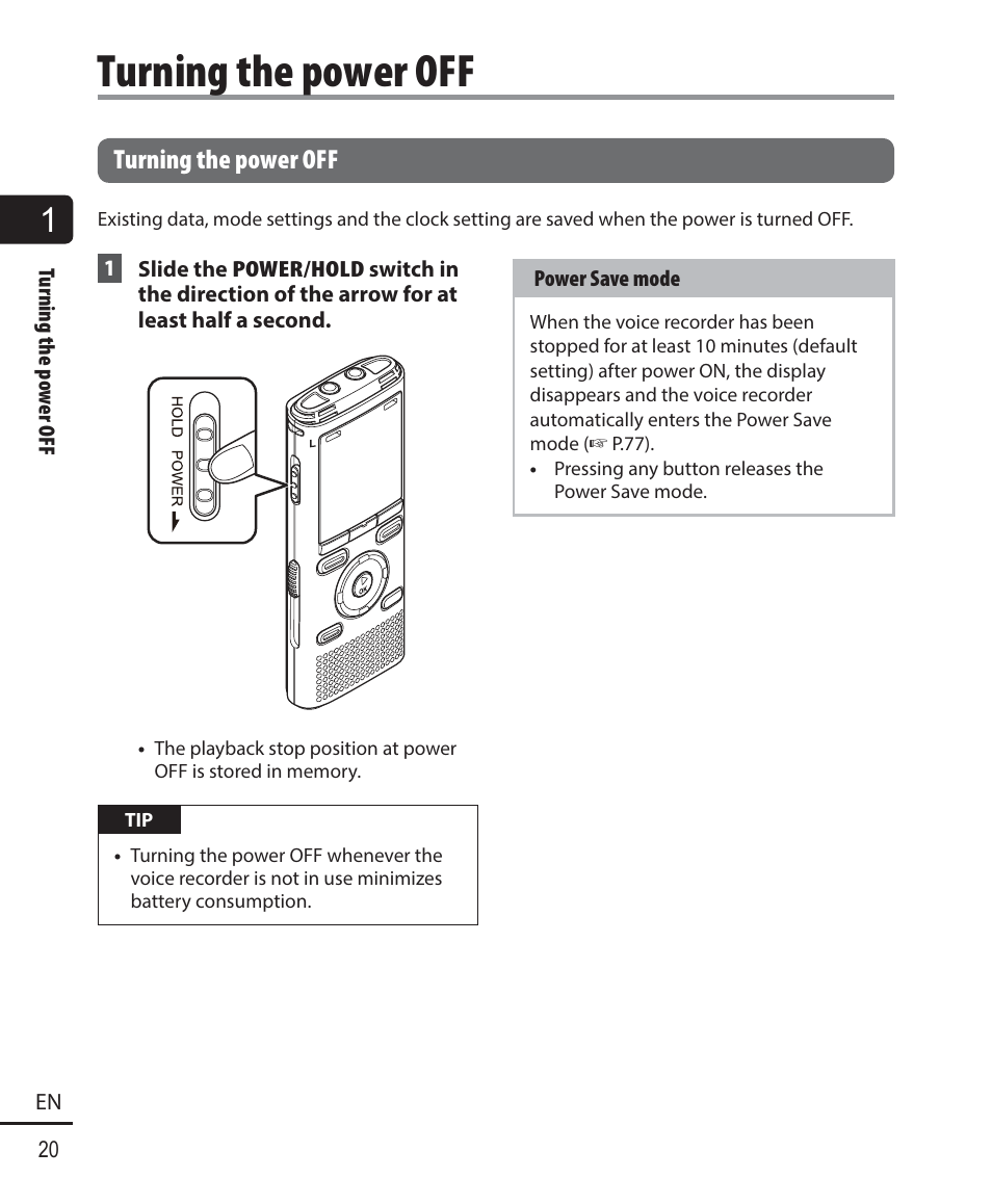 Turning the power off | Olympus WS-823 User Manual | Page 20 / 118