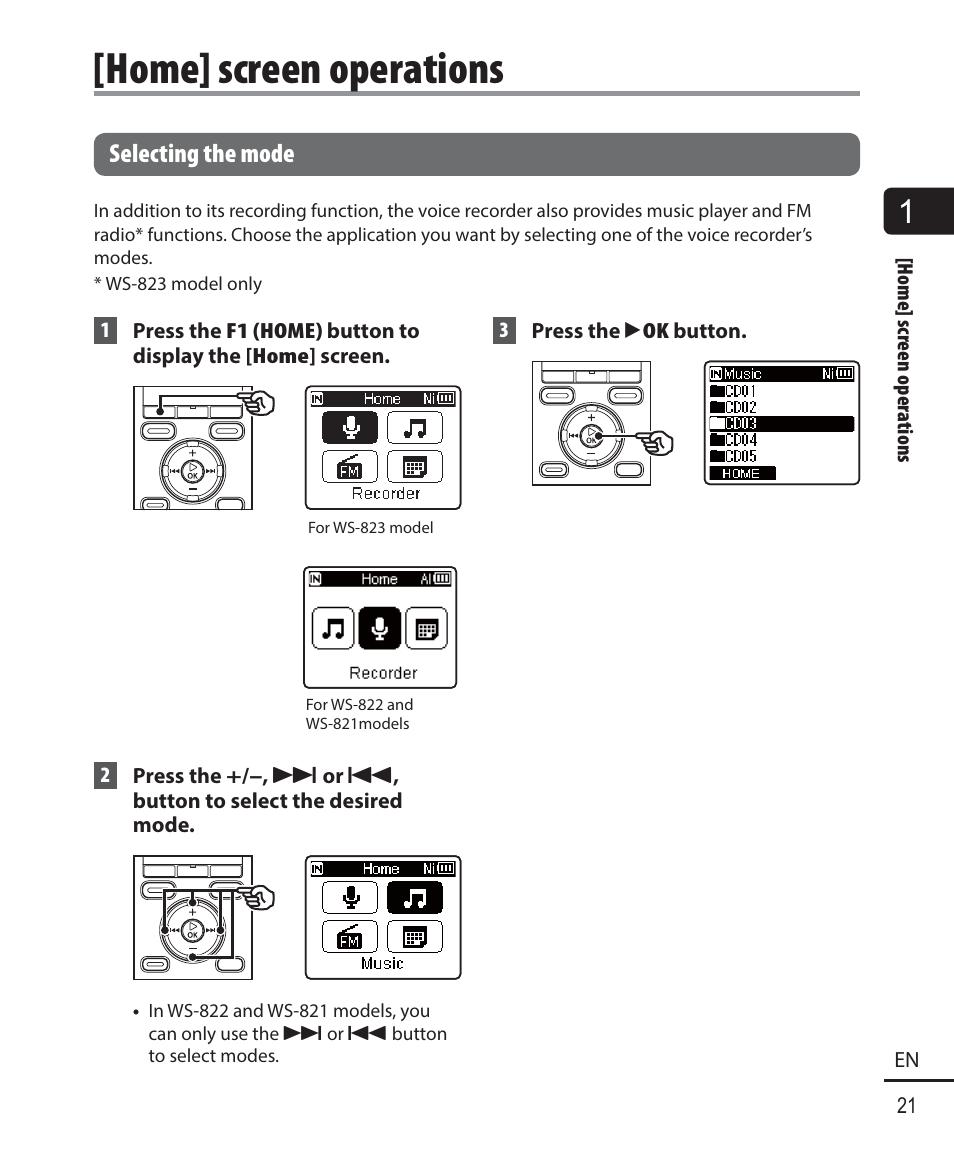 Home] screen operations, Selecting the mode | Olympus WS-823 User Manual | Page 21 / 118