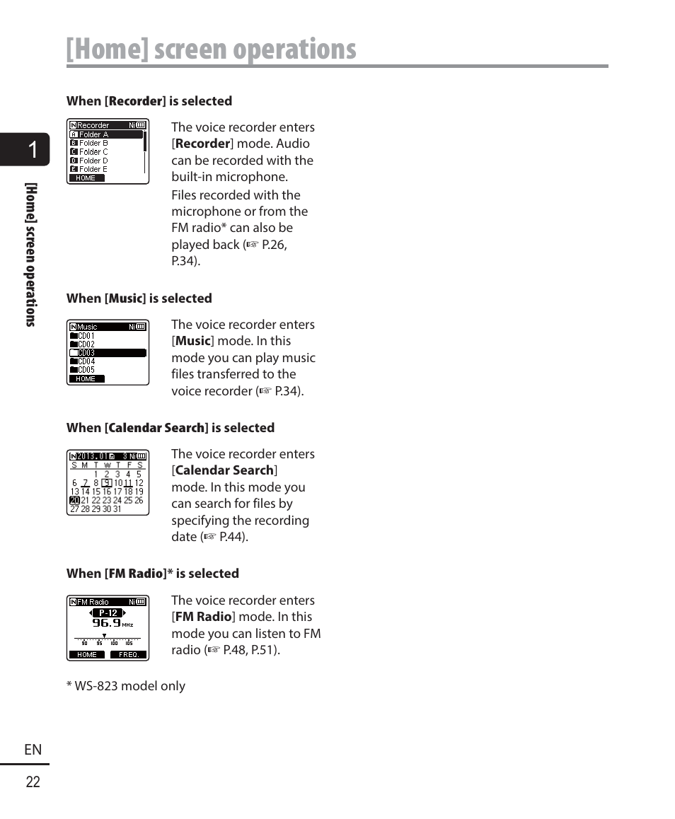 Home] screen operations | Olympus WS-823 User Manual | Page 22 / 118